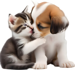 Obraz premium Kitten and puppy share a heartwarming cuddle. 