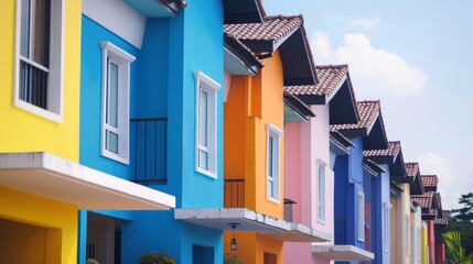 Row of colorful houses in the city with blue background
