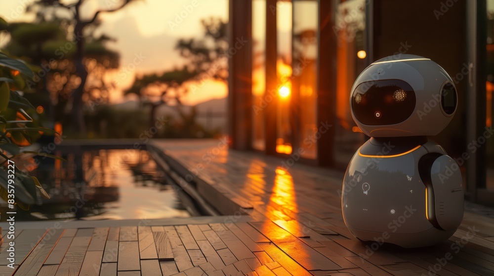 Poster a robot is seated in front of a pool as the sun sets in the background, creating a tranquil scene.