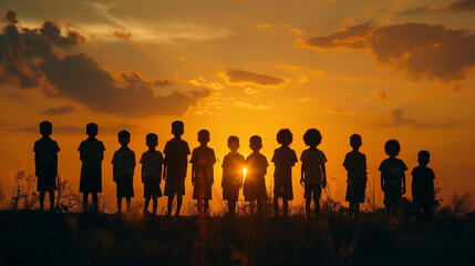 Fototapeta premium Silhouette back refugee kid group.Responsible.Kid child boy and girl worship.World kids day, Pray and worship, Hope, freedom, Diverse, Faith.World refugee day.Juneteenth kid. Friends. Potential unlock