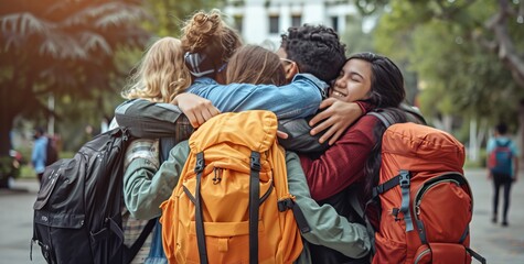 A diverse group of friends with backpacks is embracing the outdoors on a sunny day, fostering unity and friendship on their multicultural youth adventure, while creating lasting memories together
