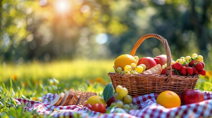Picnic Basket with Fresh Fruits and Sandwiches on Checkered Blanket in Sunlit Meadow