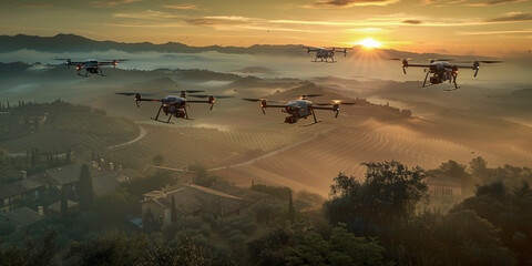 Drone Swarm for Agriculture A fleet of drones flying over vast agricultural fields