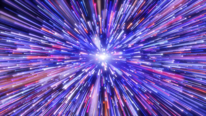 Abstract pink blue light trail creative cosmic background. Explosion, Hyper jump into another galaxy. Speed of light, neon glowing rays in motion.