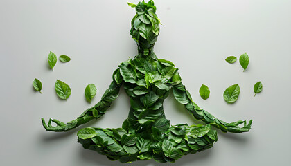 A woman made with green leaves strikes a yoga pose in celebration of International Yoga Day, promoting wellness and harmony with nature.
