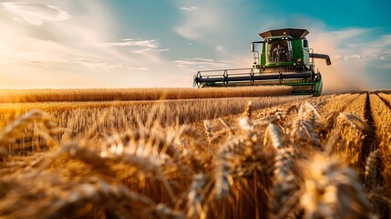 Fototapeta premium Modern Combine Harvester in Golden Wheat Field, Dynamic Agricultural Scene on Sunny Day