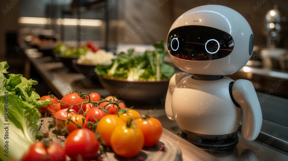Poster a robot is positioned in front of a filled counter of various fresh vegetables in a bustling market.
