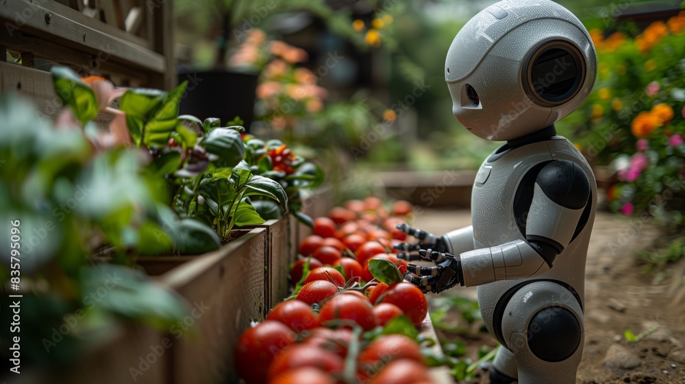 Poster a robot equipped with arms and sensors is efficiently picking ripe tomatoes from the plants in a wel
