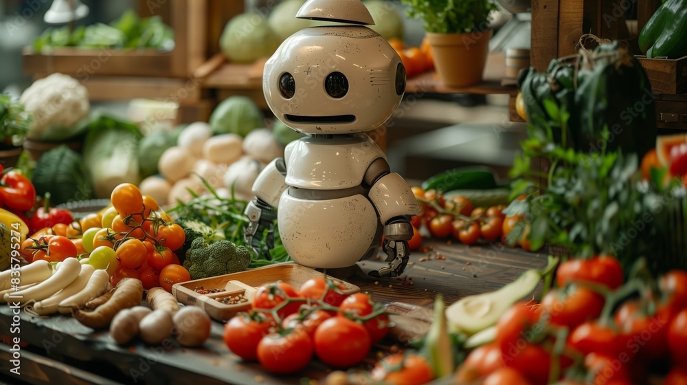 Poster a robot stands poised in front of a table filled with various fresh vegetables, showcasing a fusion 