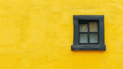 Black framed window on a bright yellow wall