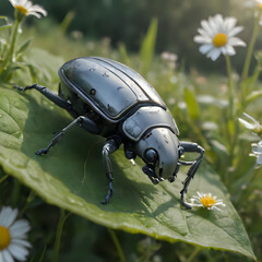 a beetle that is sitting on a leaf in the grass