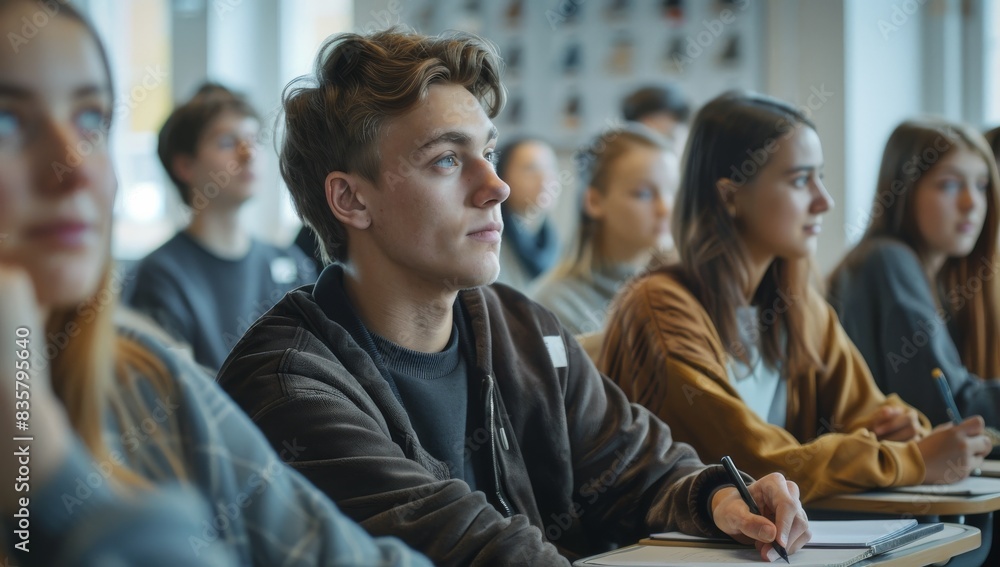 Aufkleber Attentive university students are in a classroom, engrossed in a lecture, taking notes for their academic studies. They display engagement and concentration, showing dedication to learning