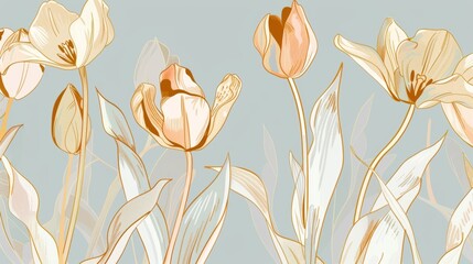 Tulips floral, luxury botanical on light blue background vector, empty space in the middle to leave room for text or logo, gold line wallpaper, leaves, flower, foliage, hand drawn
