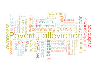 Poverty alleviation word cloud template. Social issues concept vector tagcloud background.