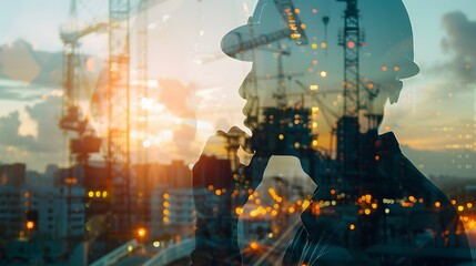 Engineer in silhouette style, deep in thought, with a bustling construction backdrop blended in double exposure