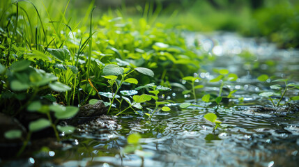 Obraz premium Close-up of Stream with Lush Green Plants