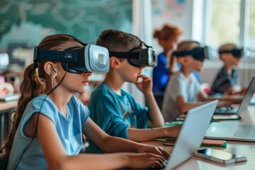 Students are engaged in an interactive virtual reality learning experience in the classroom, using VR headsets. This innovative technology enhances engagement and learning in modern education