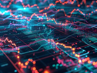Fototapeta premium AI Powered Financial Market Analysis with Neon Glowing Data Visualization