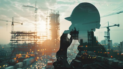 Silhouette-style double exposure of a pensive engineer and a busy construction site behind