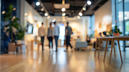 Blurred Indoor Space with Warm Lighting and Hanging Light Fixtures and people