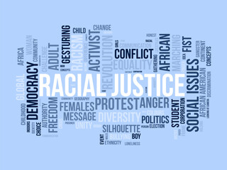 Racial justice word cloud template. Social issues concept vector tagcloud background.