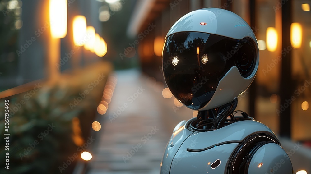Aufkleber a robot stands in front of a modern building at night, with its metallic structure illuminated by th