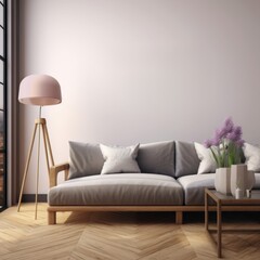 Lavender Minimalist Interior with Cozy Sofa and Modern Floor Lamp in Bright Living Room