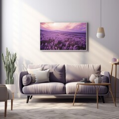 Elegant Lavender Themed Minimalist Living Room Design with Sofa and Art Decor