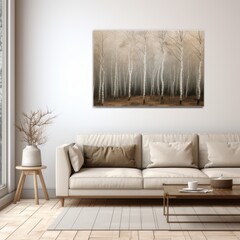 Minimalist Nature Inspired Interior Design with Birch Tree Artwork in Cozy Living Room
