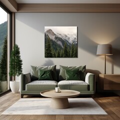 Minimalist Interior with Nature Inspired Decor Featuring Mountain Landscape Artwork  Ideal for Modern Home Design and Print