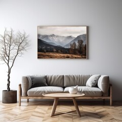 Minimalist Nature Inspired Living Room with Scenic Mountain Artwork  Modern Home Design for Tranquility and Aesthetic Appeal
