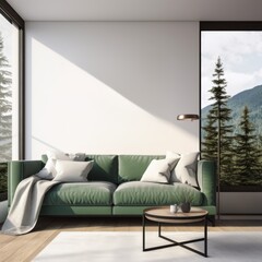 Modern Minimalist Living Room with Green Sofa and Forest View  Interior Design for Print, Poster, or Advertisement