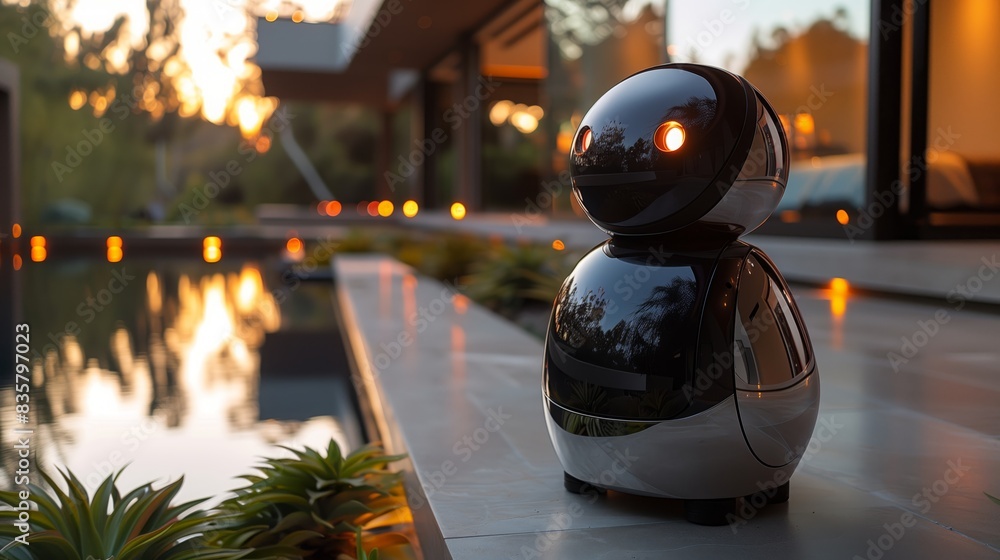 Poster a robot sitting on a patio in front of a pool. the robots metallic body contrasts with the blue wate