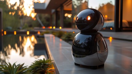 Fototapeta premium A robot sitting on a patio in front of a pool. The robots metallic body contrasts with the blue water of the pool.