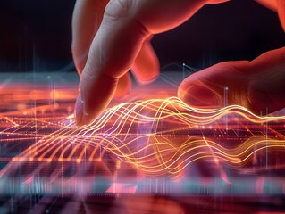 Futuristic Digital Interface with Glowing Neon Patterns and Human Touch on Transparent Glass Surface