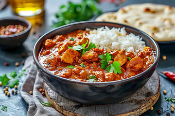 
Chicken Tikka Masala with rice and naan bread, in a cozy home kitchen