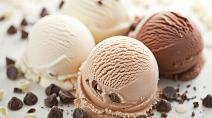 Three Scoops of Ice Cream with Chocolate Syrup and Chocolate Pieces