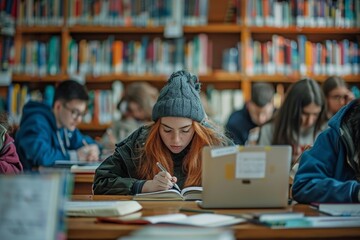 In the university library, students are immersed in a focused academic setting, dedicated to education and learning. This scholarly environment promotes concentration and academic success