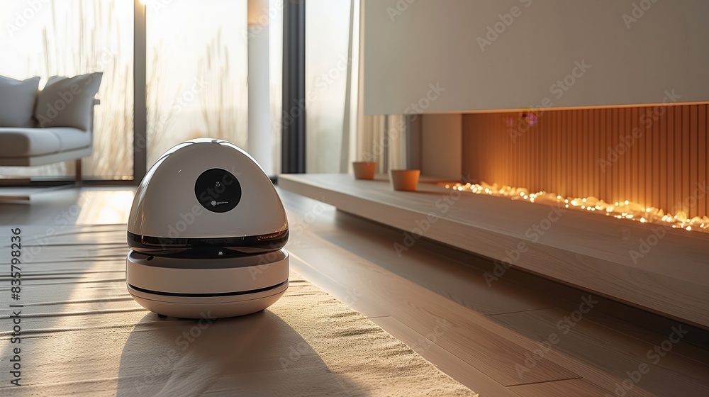 Poster a robot sits on the floor in front of a fireplace.