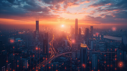 Fototapeta premium double exposure city scape and network connection and trading graph . Concept for new global business. Blockchain connect.
