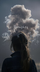 Thoughts - A woman with smoke coming out of her head with the text "thoughts"