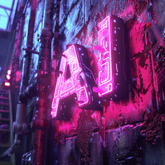 AI - A futuristic urban house wall with a pink neon sign "AI"