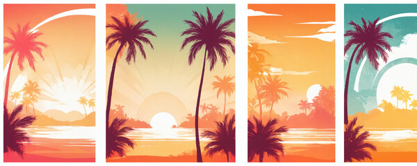 Tropical beach sunset scene with palm trees and ocean
