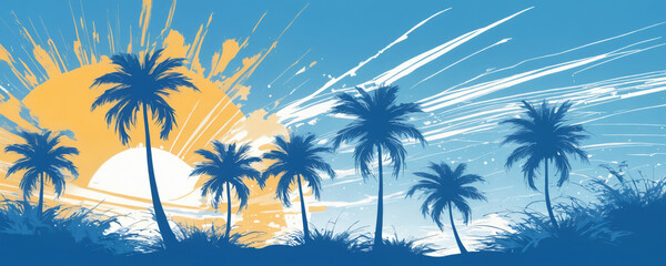 Silhouettes of palm trees against a blue sky at sunset