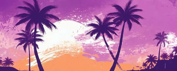 Silhouettes of palm trees against a vibrant sunset sky