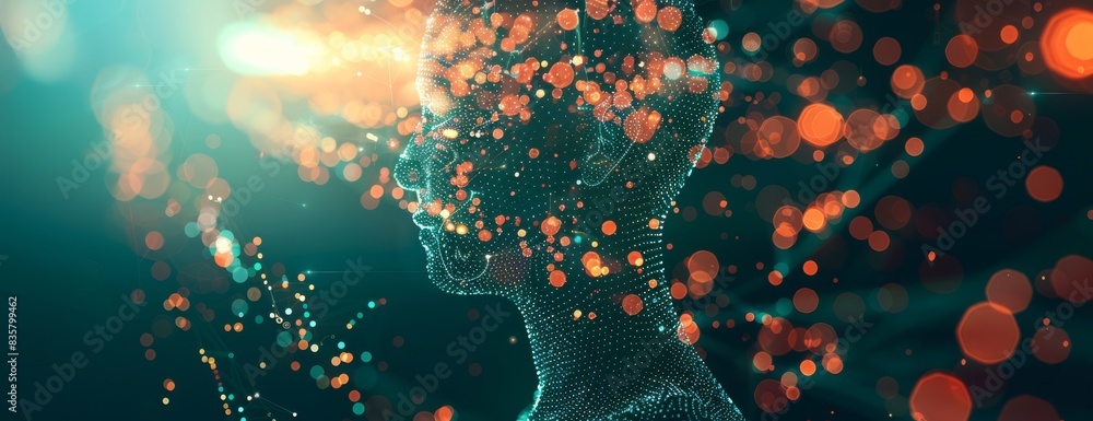 Aufkleber illustrating a futuristic concept through an abstract digital human visual with glowing particles an