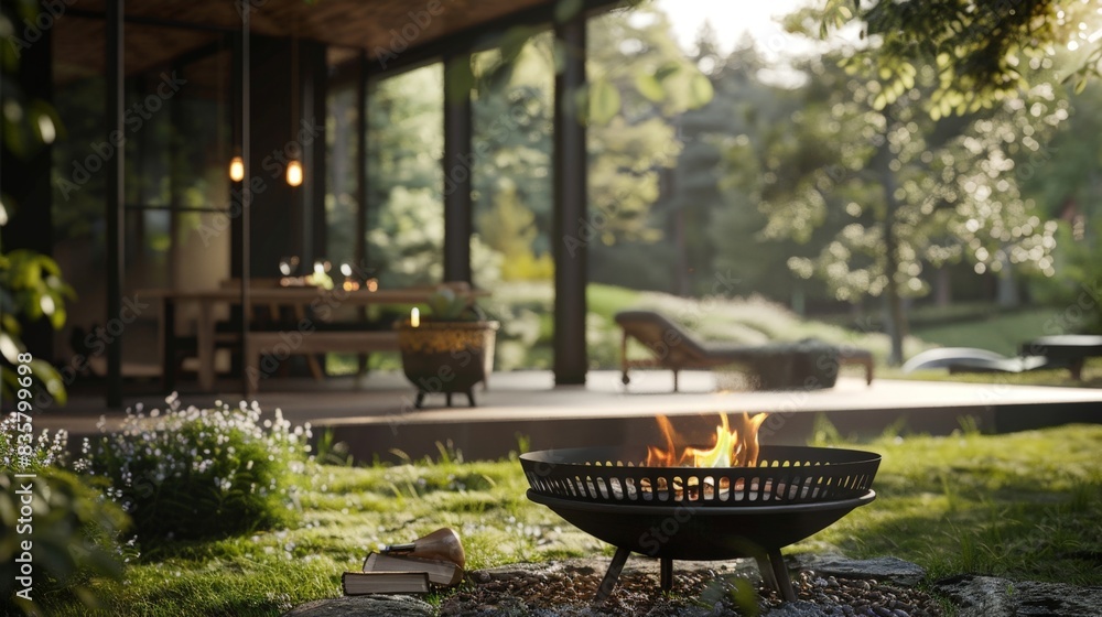 Wall mural serene backyard evening: fire pit glow at modern home retreat, horizontal banner with copy space