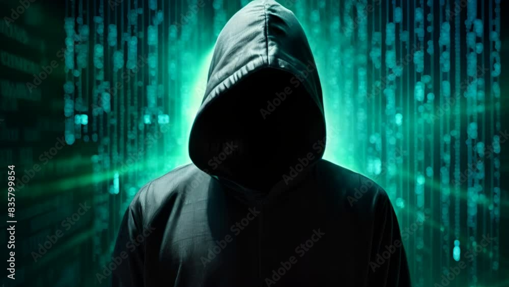 Poster Hacker silhouette of hooded man with binary data and terms related to computer crime