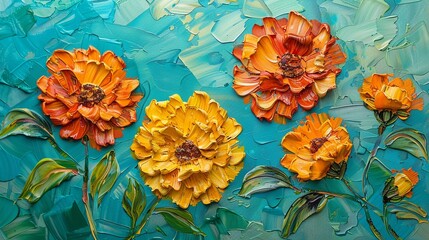 Beautiful palette knife textured painting of marigolds, vibrant orange and yellow petals with green leaves, set against a richly textured blue background, Abstract, Bright, Summer