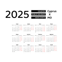 Cyprus Calendar 2025. Week starts from Monday. Vector graphic design. Turkish language.